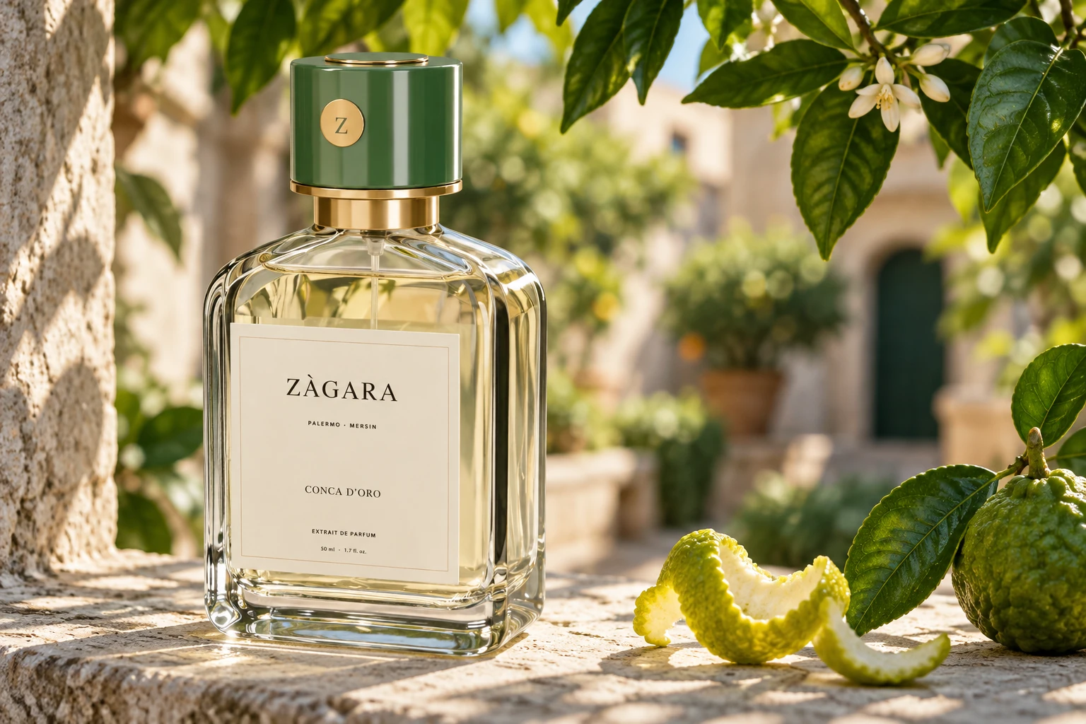 Conca d’Oro in morning light under citrus leaves on a stone courtyard sill