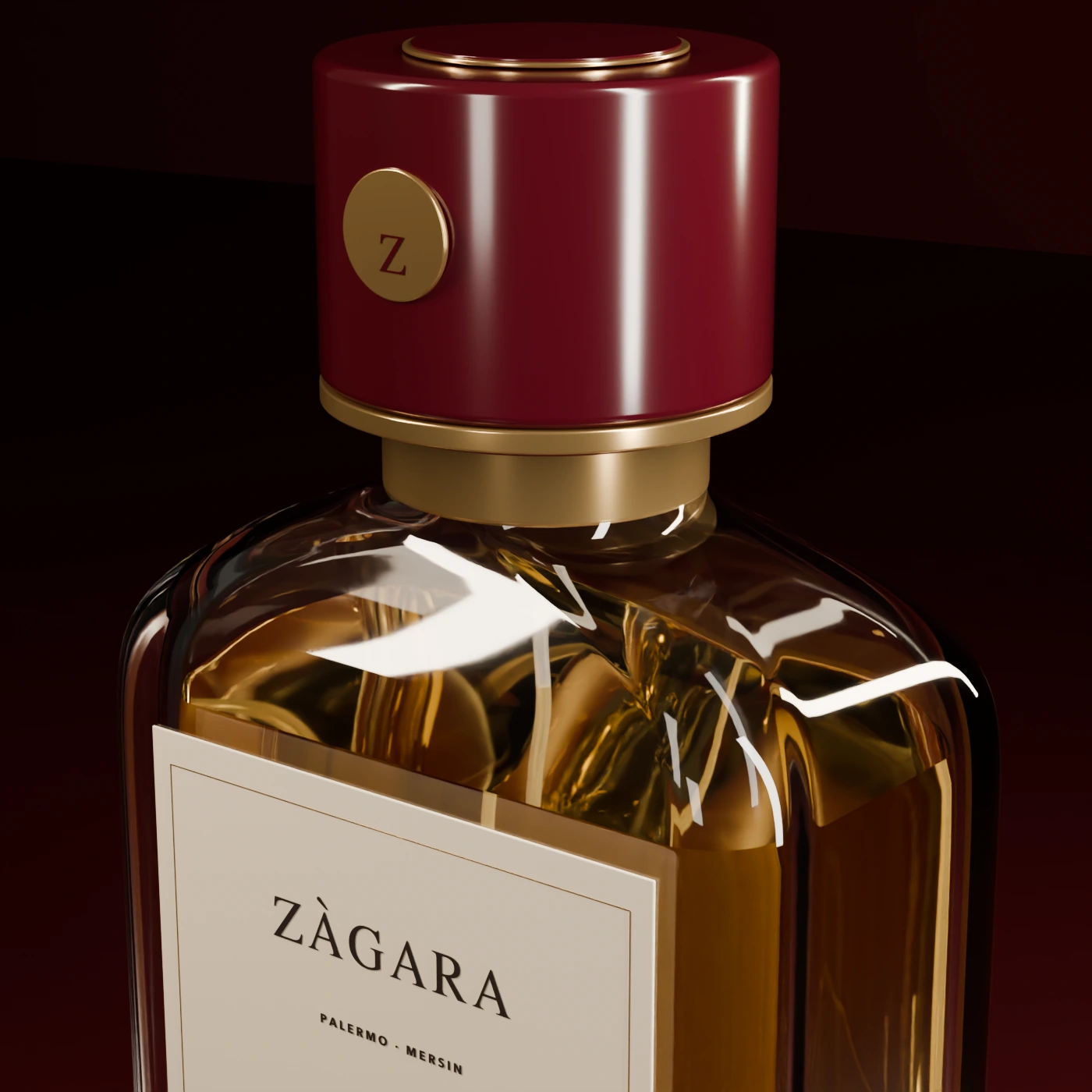 Close view of the lacquer cap, metal collar and thick glass of the Zàgara flacon