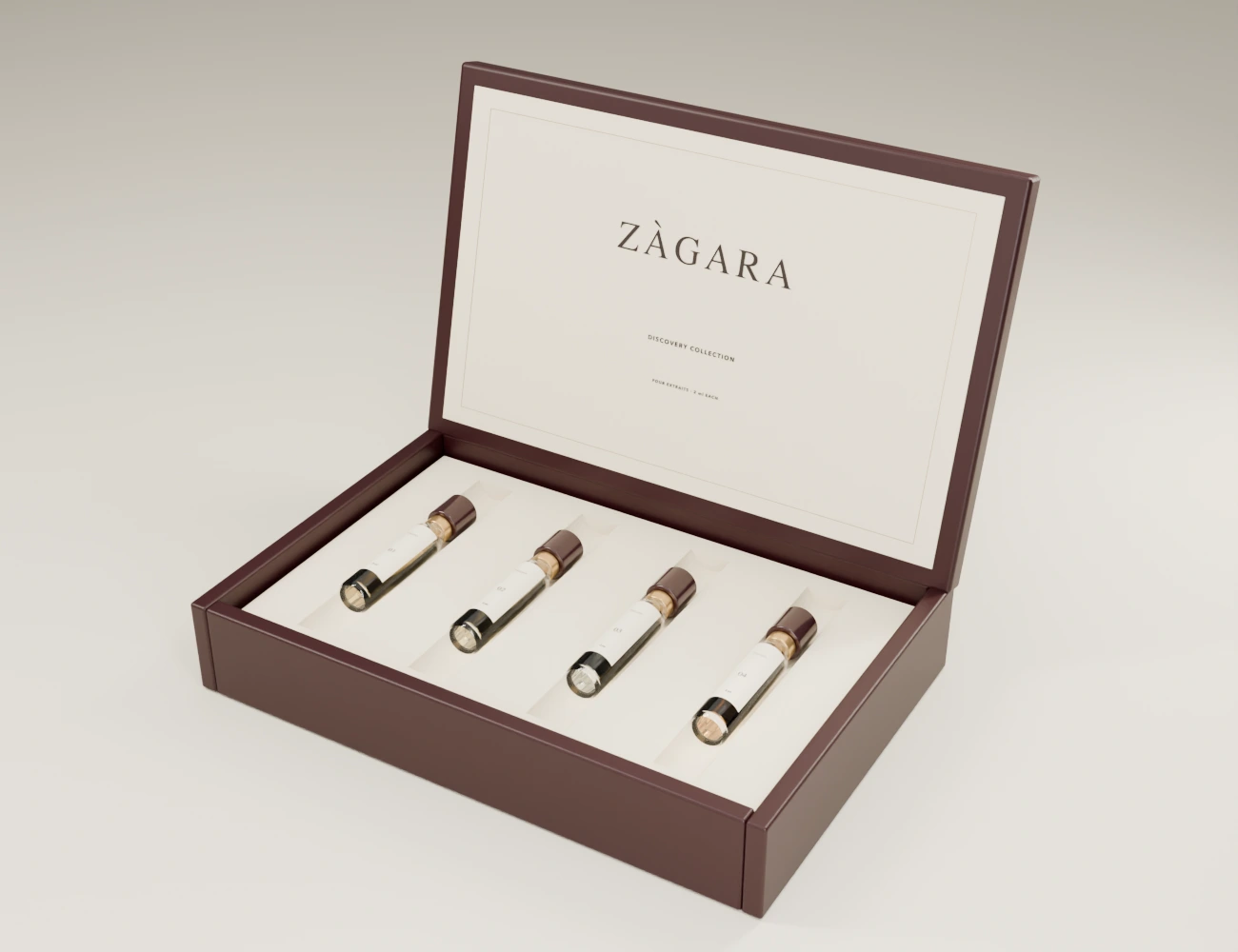 Four 2 ml Zàgara perfume samples in their oxblood presentation box