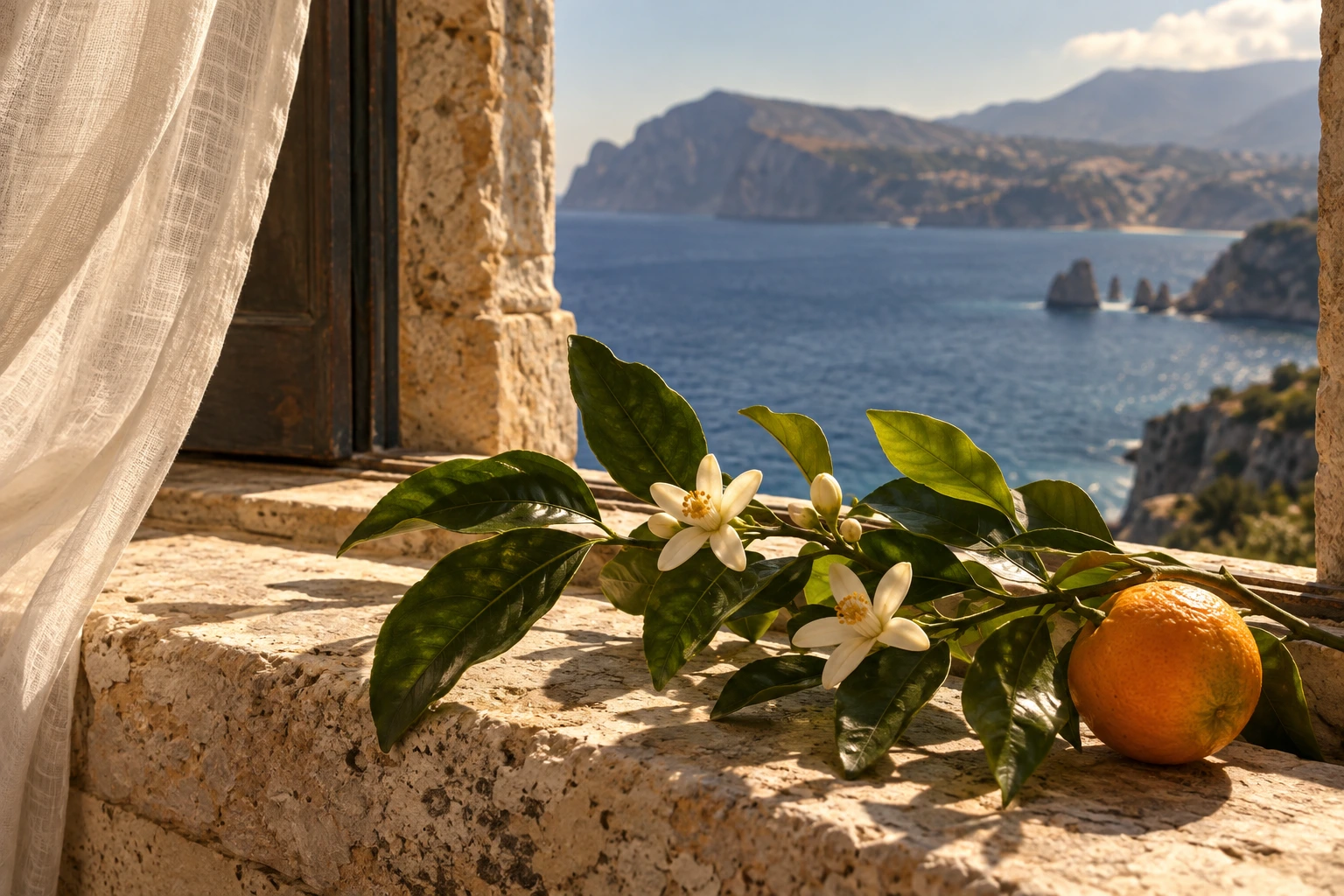 Orange blossom on a sunlit stone ledge overlooking the Mediterranean