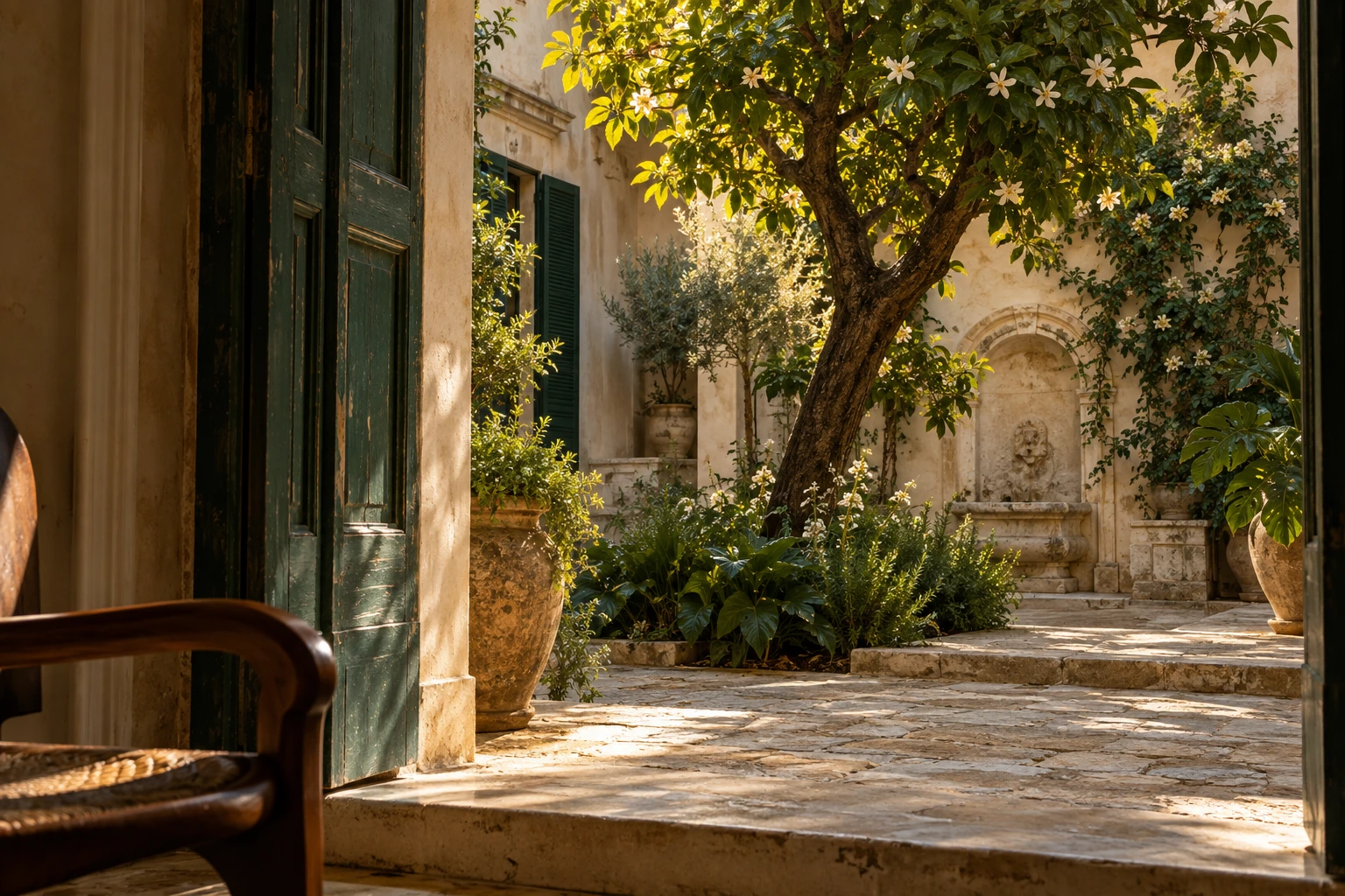 An orange tree in a shaded limestone courtyard, with green shutters and late-afternoon light