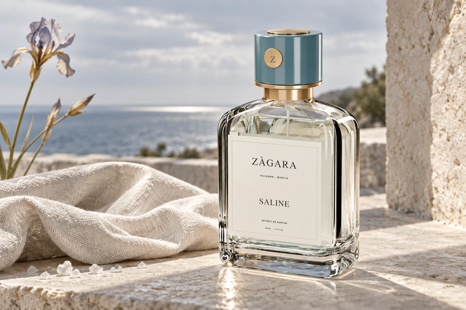 Saline beside ivory linen and a blue-grey Mediterranean horizon