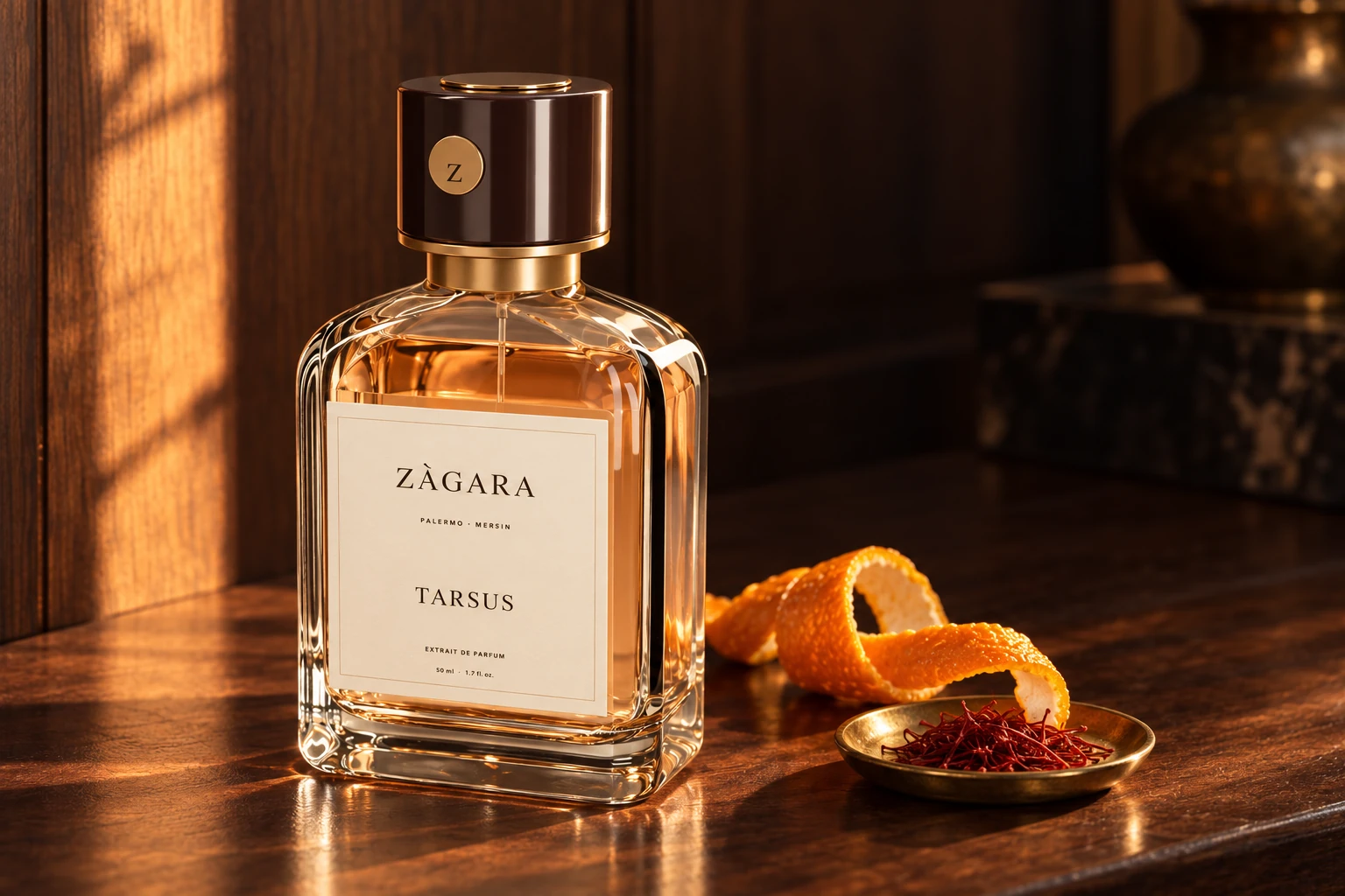 Tarsus in amber light on walnut with bitter-orange peel and saffron