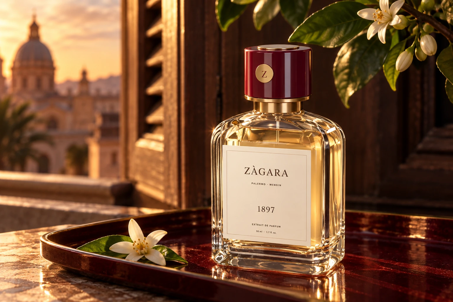 Zàgara 1897 on an oxblood tray beside orange blossom and an evening window